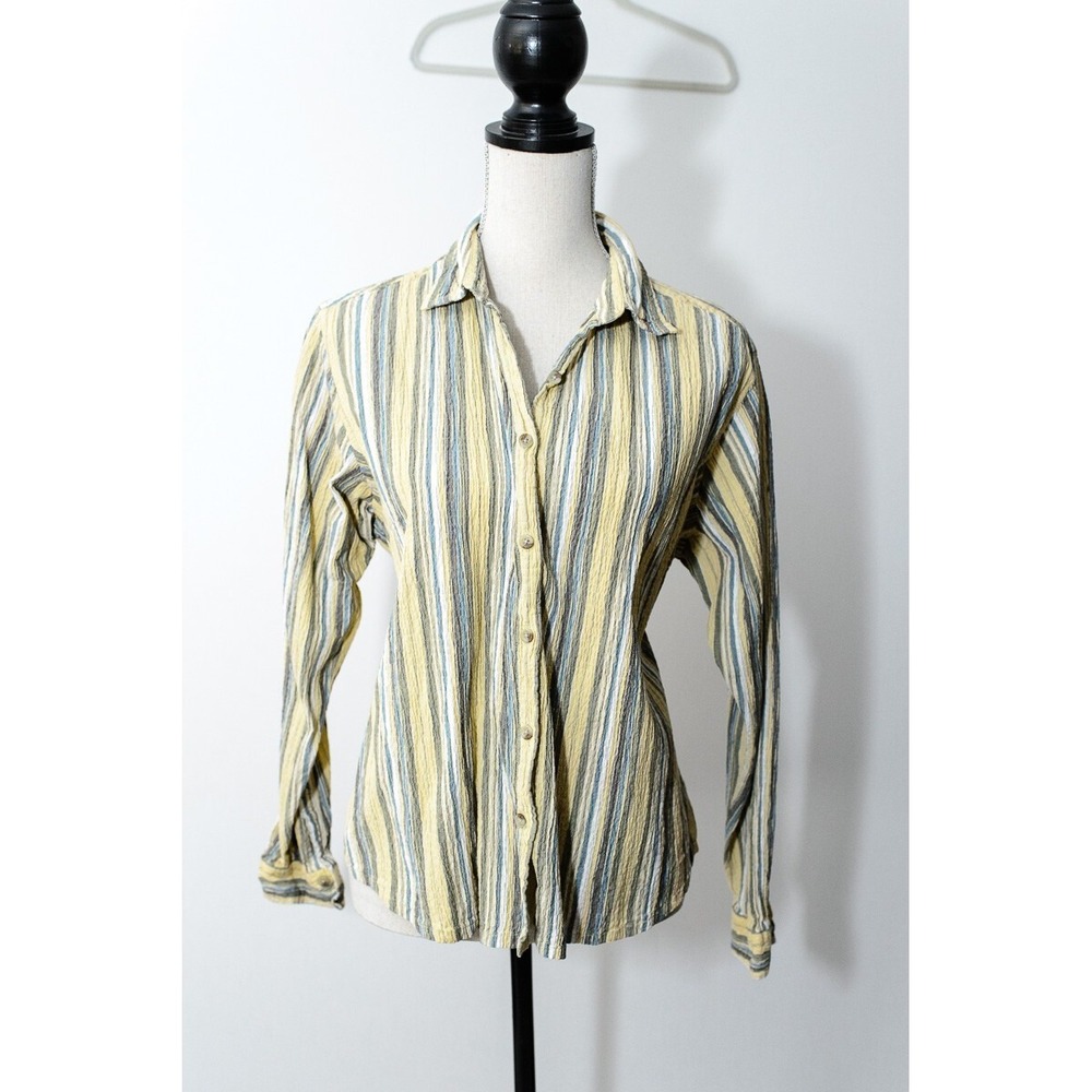 Columbia Button up Shirt XL searsucker Top yellow blue stripes outdoors hiking